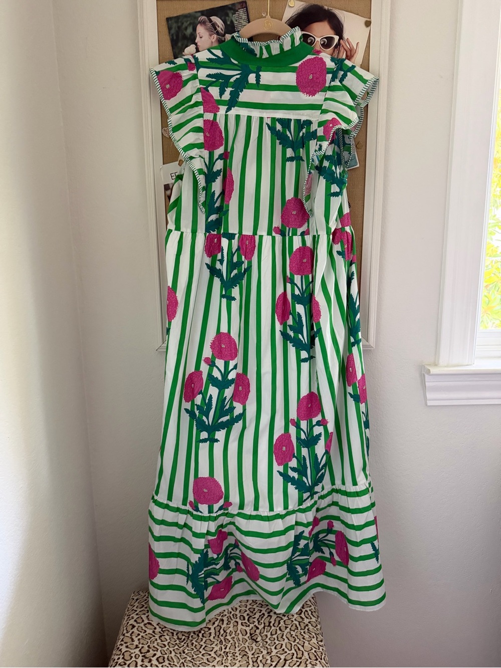 Umgee Green & Pink Floral Stripe Maxi Dress with Ruffle Collar - Picture 3 of 3
